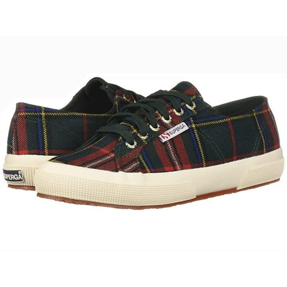 Superga 2750 Cotu Classic Green Red Tartan Plaid Canvas Sneakers M 7.5 W 9